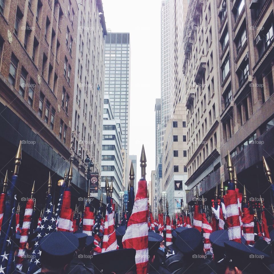 American flags. St Patrick's parade in New York