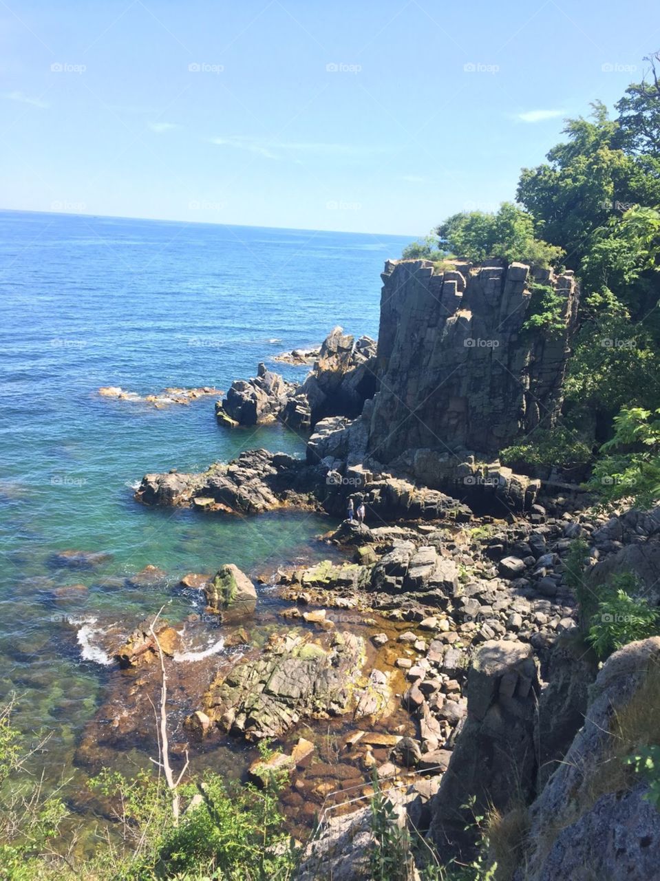 tall cliffs overlooking the blue sea with a hidden rocky shore. Forest of green trees on top of the cliff!
