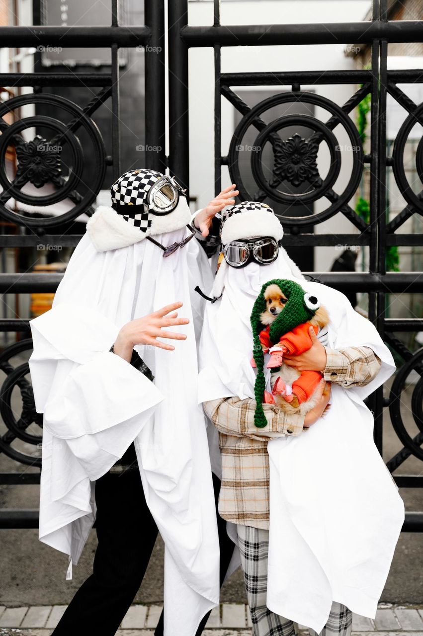 Teenagers in ghost costumes. Halloween party