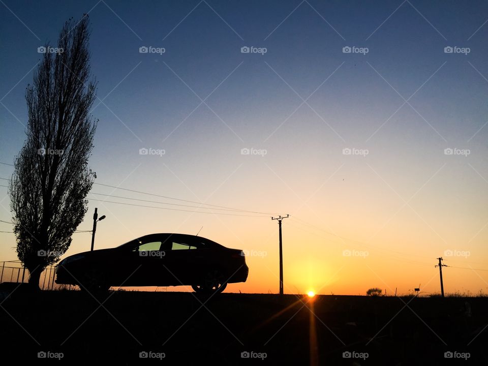 Silhouette of car,tree and cables in the sunset
