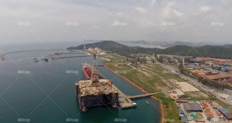 Aerial view Jack up rig in harbour