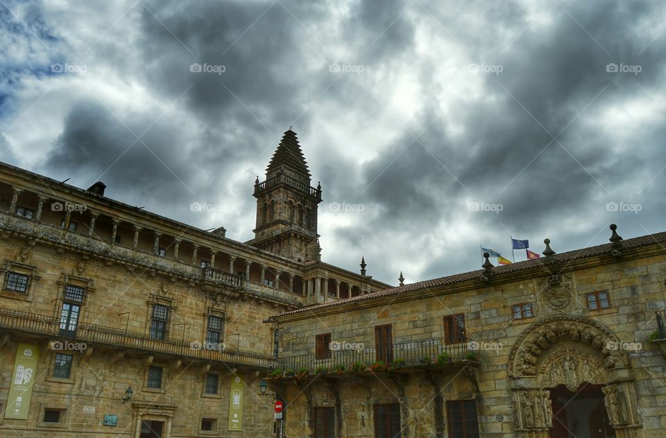 View from Obradoiro Square. Left - Chapter and Library of the cathedral. Right - Building of the rectorship of the University of Santiago.