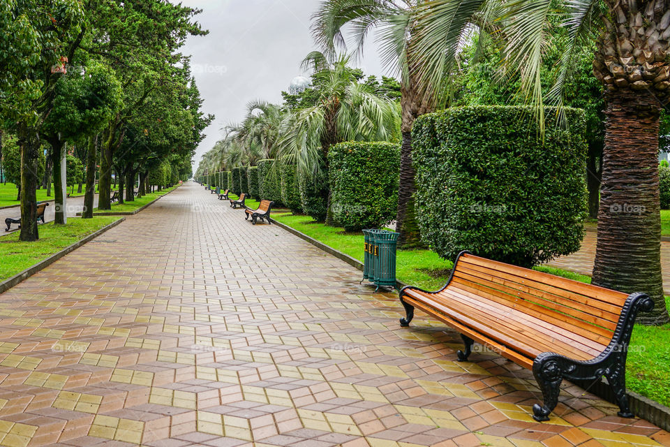 seaside park track in the rain after the end of the tourist season, Batumi, Georgia