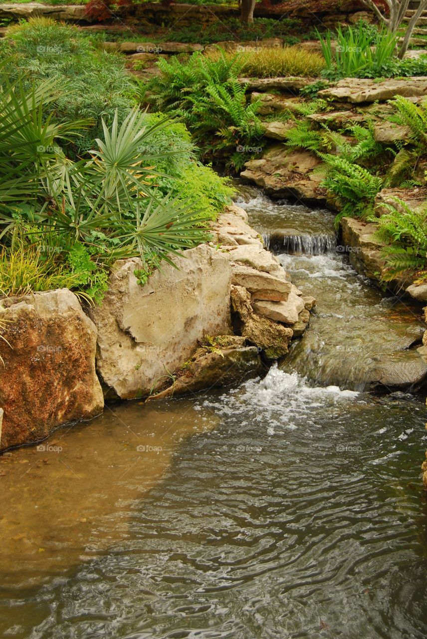 Flowing stream with small waterfalls surrounded by rocks and green plants