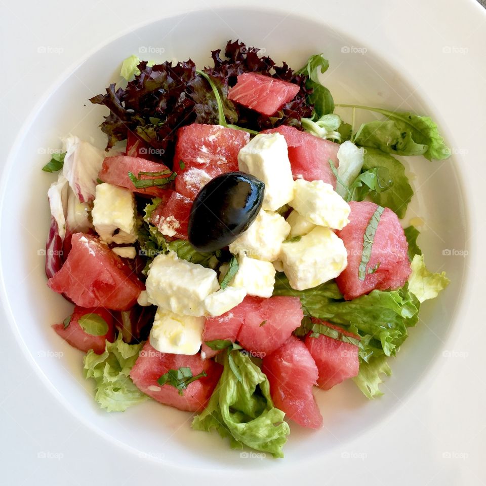 Refreshing watermelon salad with goat cheese