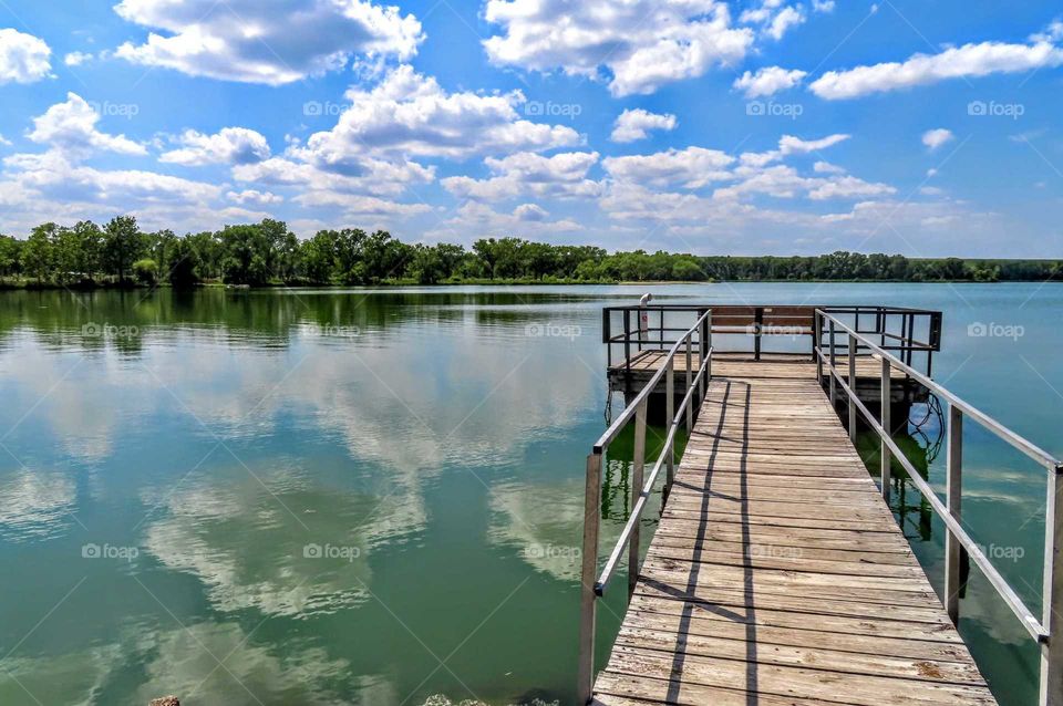 Beautiful Dock Scene Near Water with Reflected Clouds "Sit Awhile"