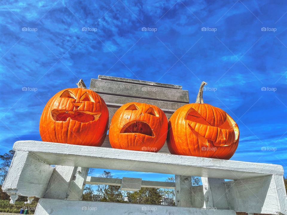 Jack O’lanterns at the lifeguard station on the beach 