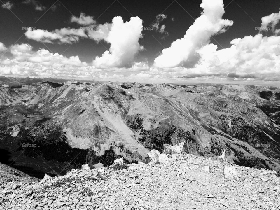 A black and white photo from the top of a 14,000ft mountain.