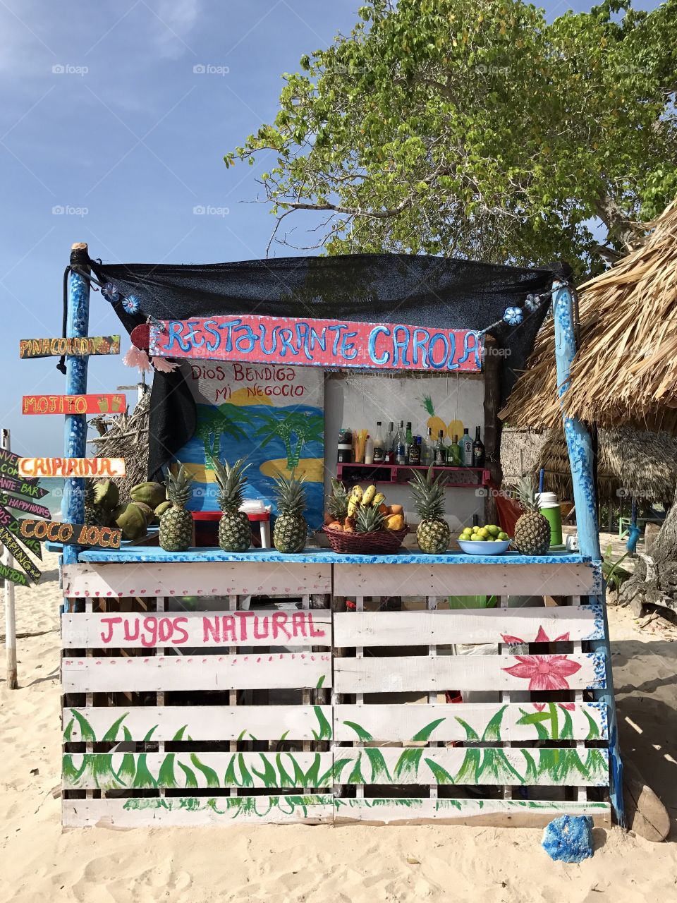 Colorful bar hut on Playa Blanca, Colombia 