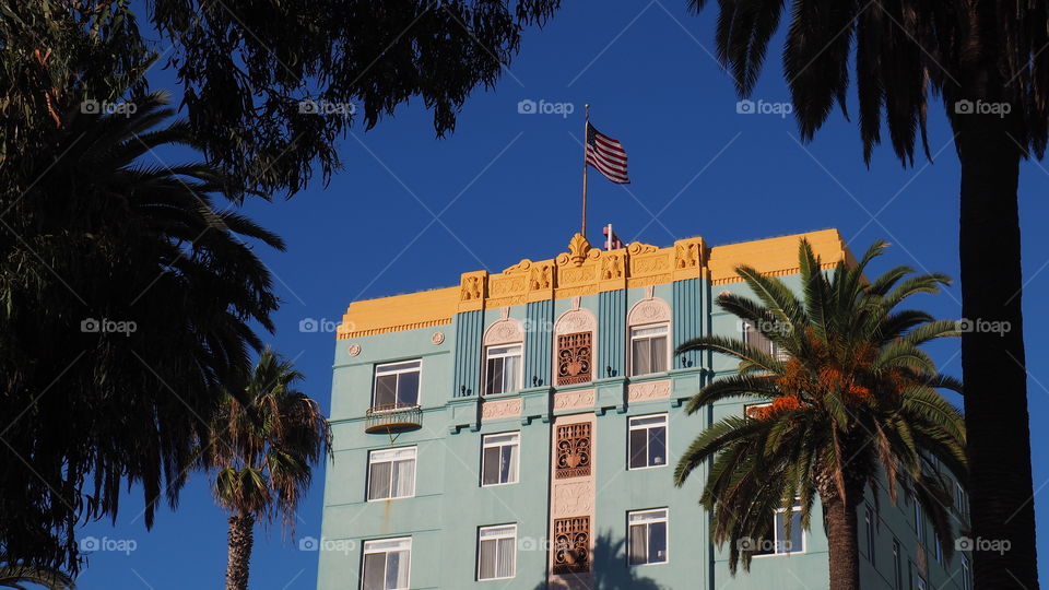 Santa Monica Art deco building. Santa Monika California beach vintage building Street urban pier landmark iconic architecture historic travel Business