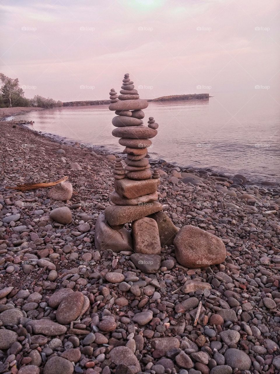 Rocks stacked next to Lake Superior