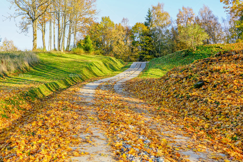 winding walking path to the nature park in the fall, Latvia