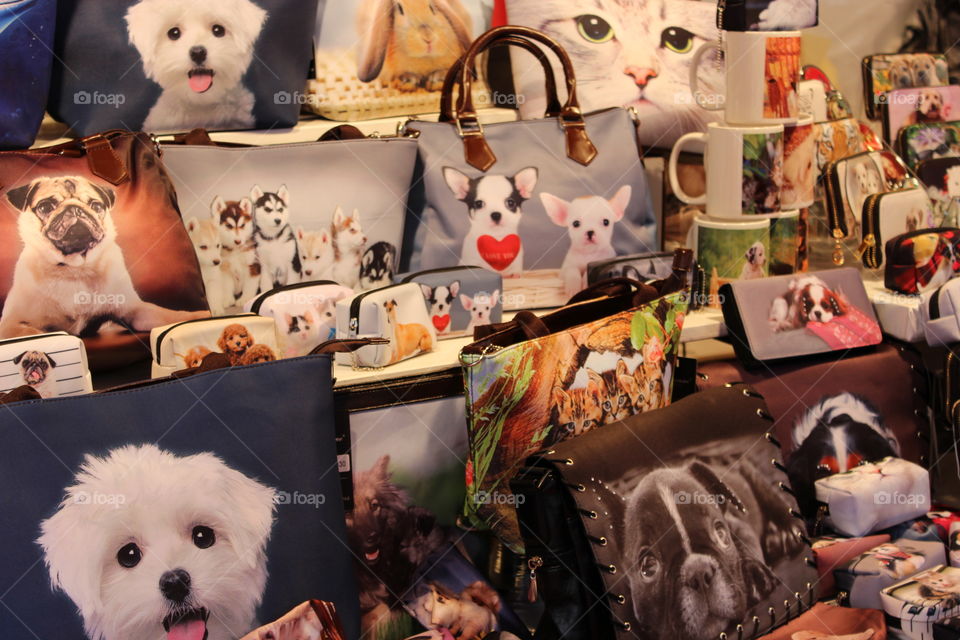 Bags with cats and dogs drawn over