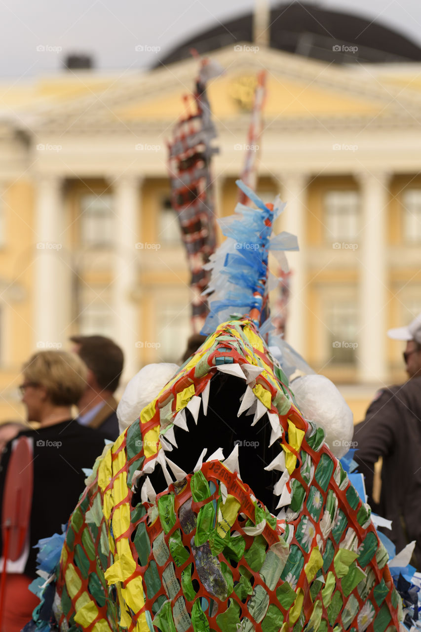Unidentified people observing Meren elämät installation by Choi Jeong Hwan at the Night of the Arts festival featuring various marine creatures made out of recycled plastic bags on 25 August 2016 at the Senate Square in Helsinki, Finland.