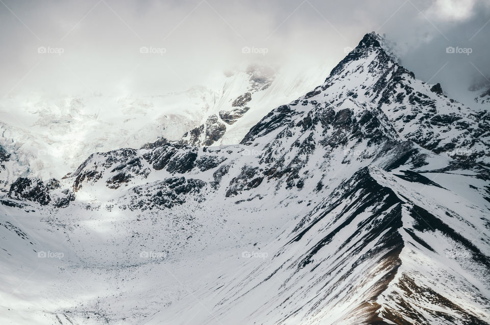 Mount Shkhara in winter the highest mountain in Georgia. Greater Caucasus Mountains Range