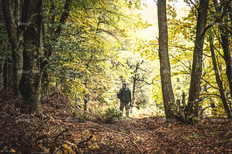 Man Photographer Holding His Camera In Forest In Autumn Season
