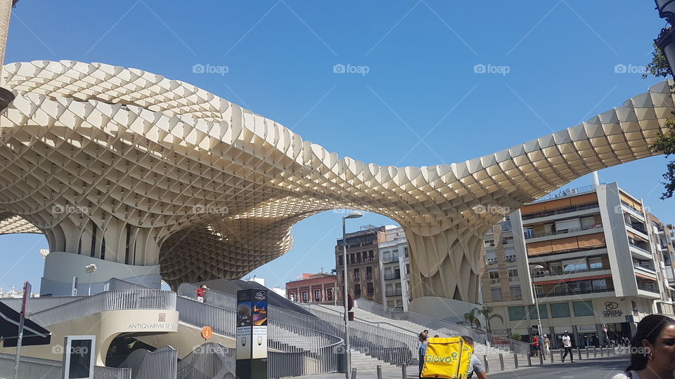 The extravaganza square, Setas de Sevilla, with its artificial structures like trees, Sevilla, Spain.