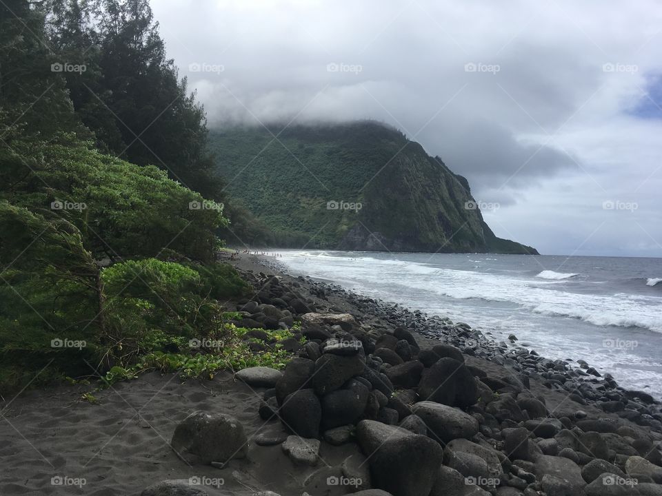 The beach at Waipi’o Valley on a misty day