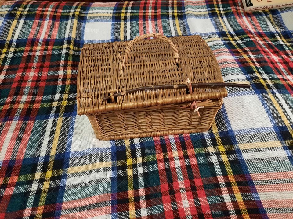 closed wicker basket on checkered blanket