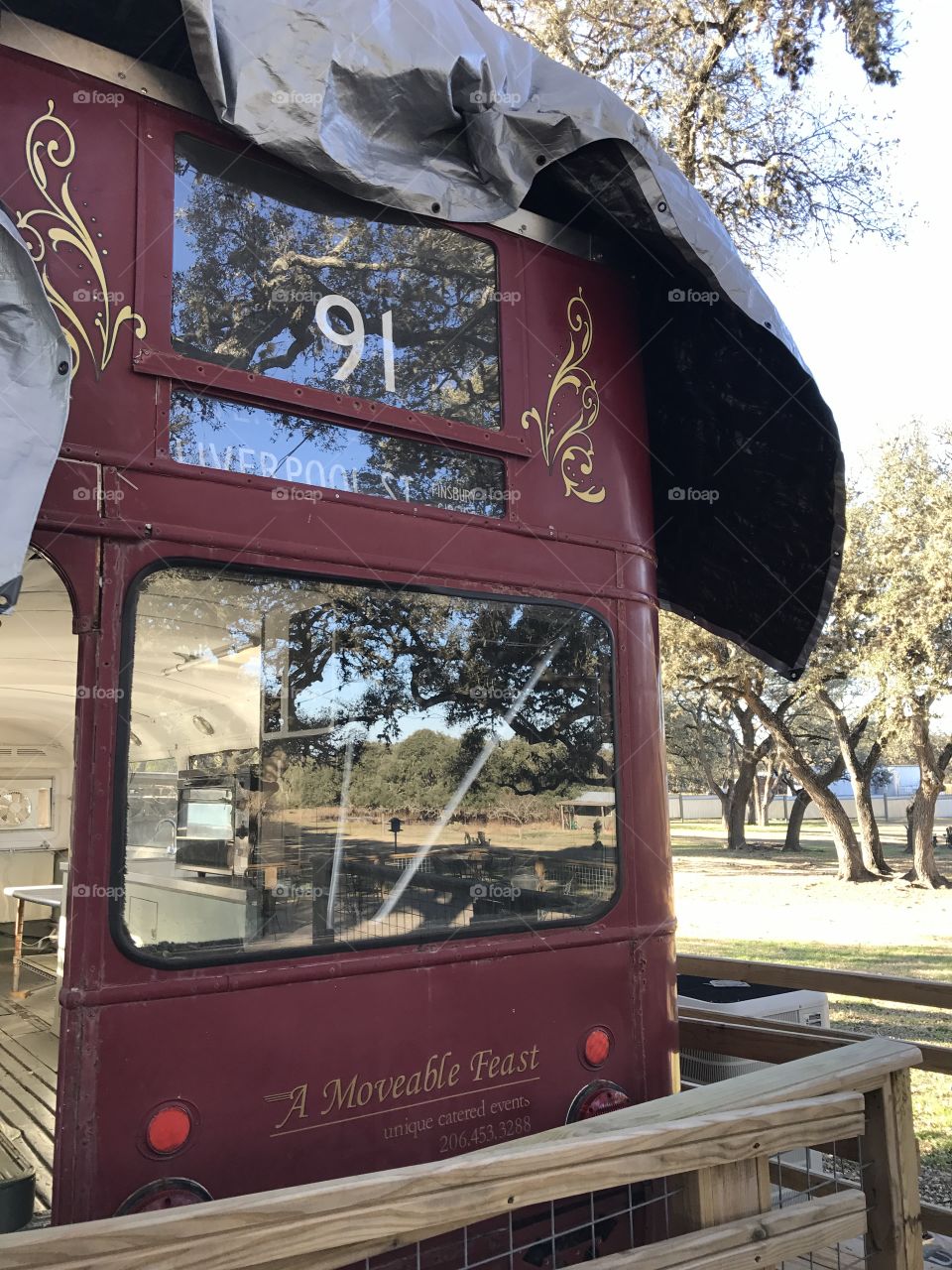 Vintage Double Decker Bus resting on the property of Wimberley Valley Winery in the city of Wimberley, TX located in scenic Texas Hill Country 