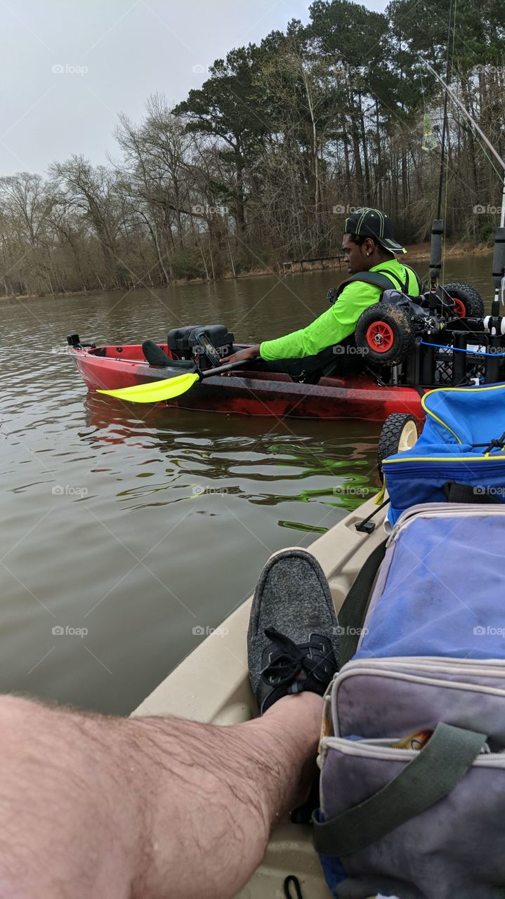 Vehicle, People, Man, River, Kayak