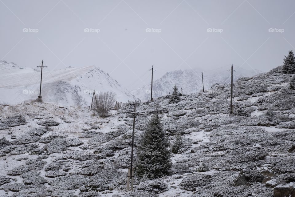 Beautiful scene of snow mountain and pine forest scape along the way to Big Almaty lake in Kazakhstan