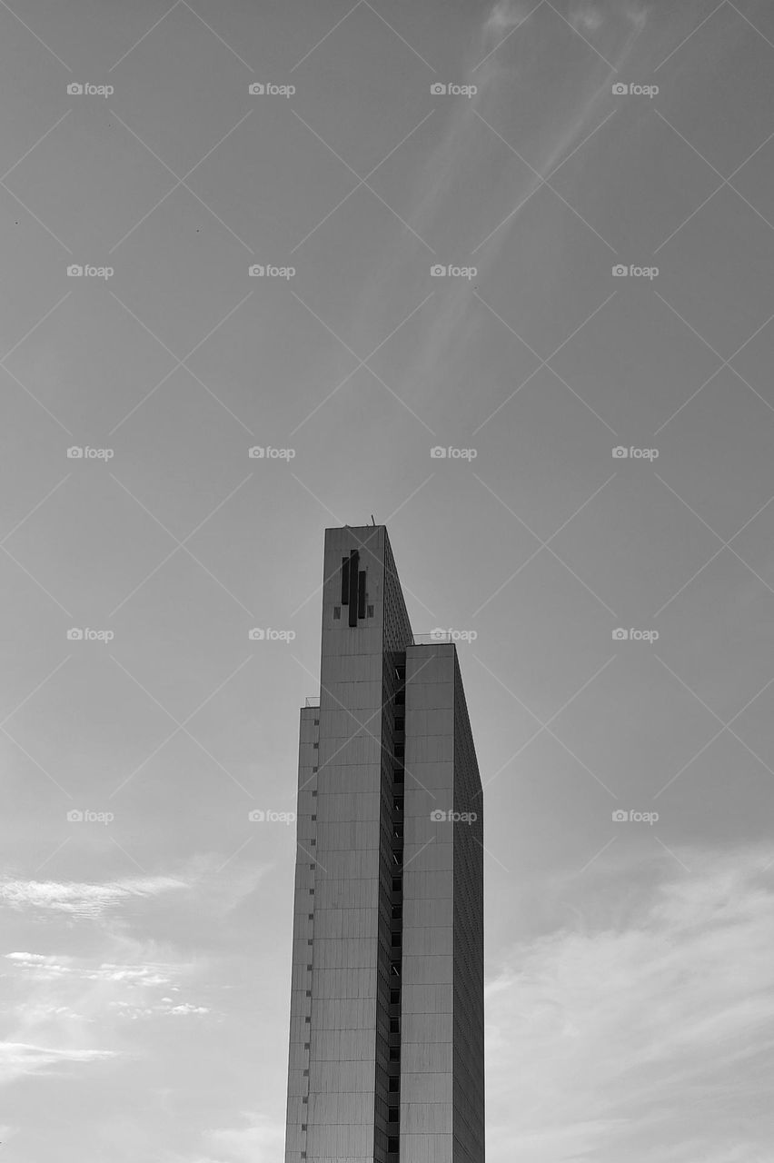 High building in the centre of the sky, beautiful architecture captured in black and white