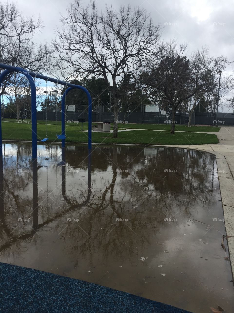 Rainy day and flooded playground. Swings, green grass, and trees shown. Reflection of park shown through large puddle. 