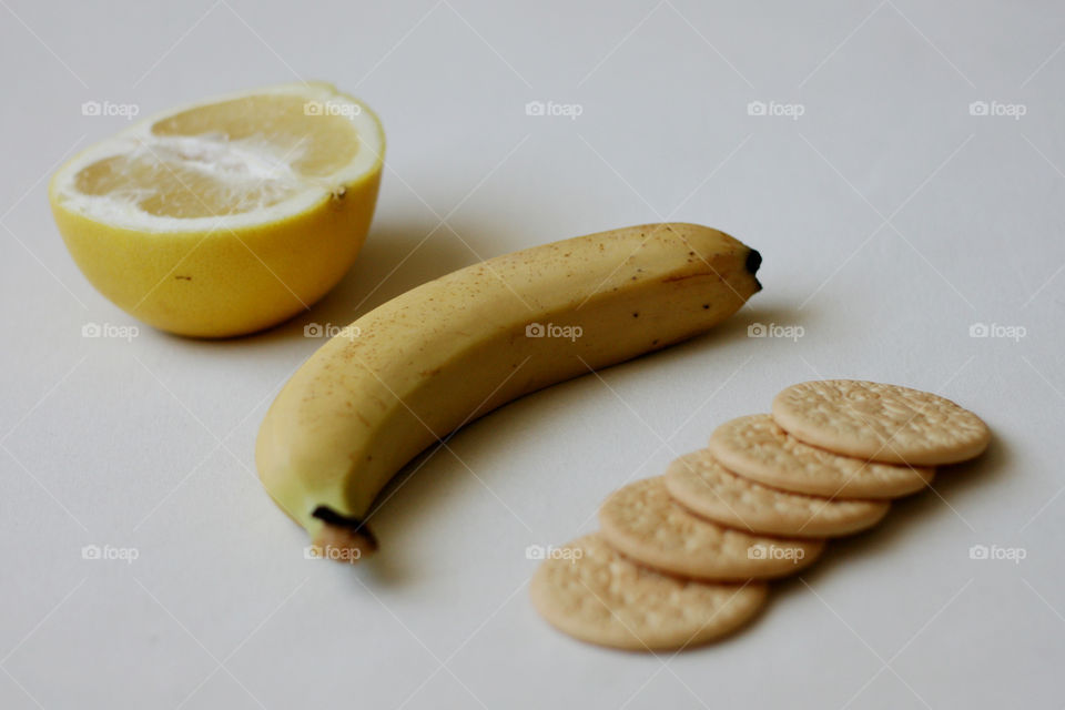 grapefruit, banana and cookies