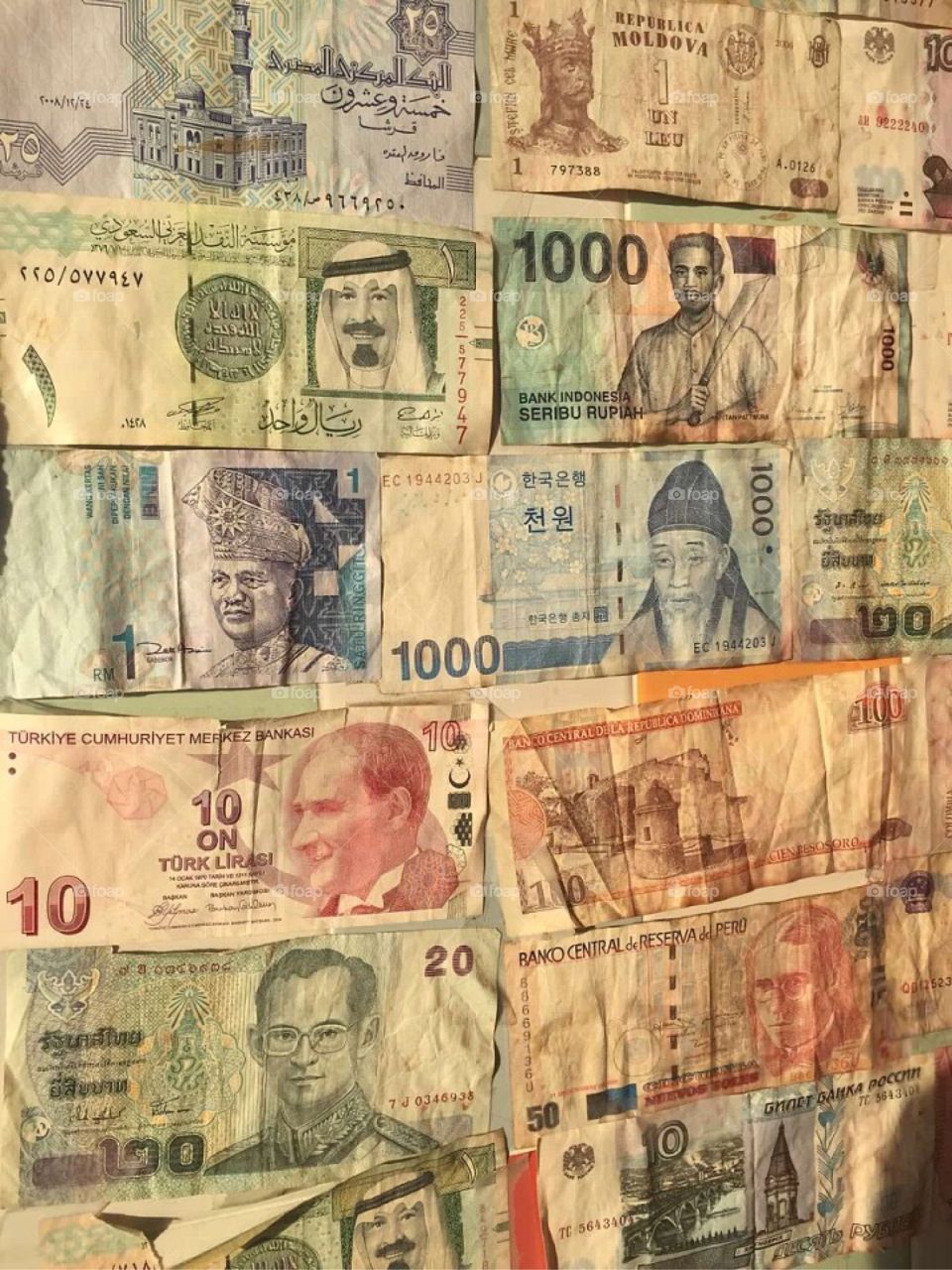 Paper currency from around the world. 