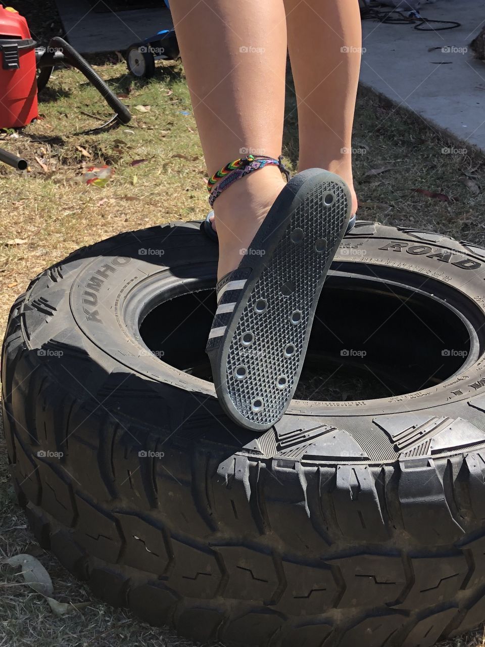 Standing on a tyre