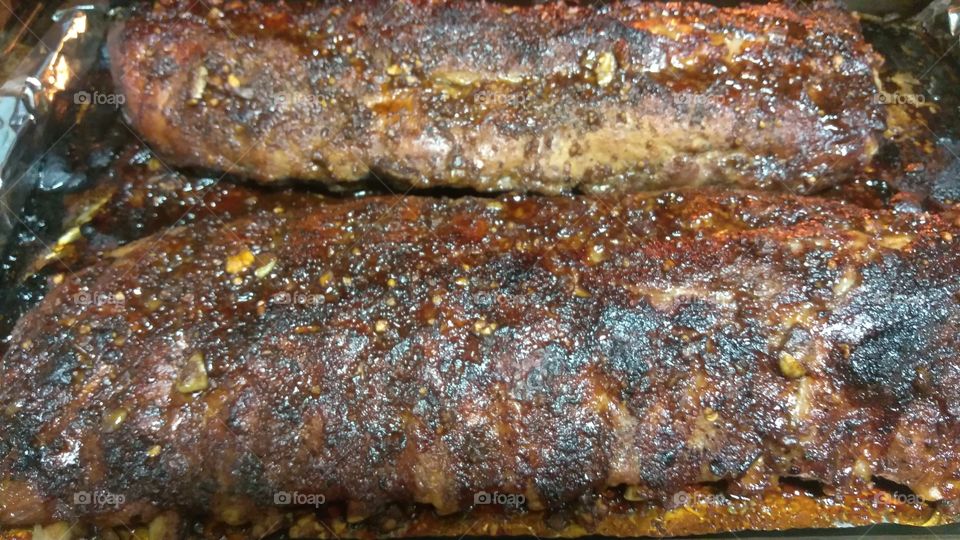 Pork. Baby back ribs cooked to perfection