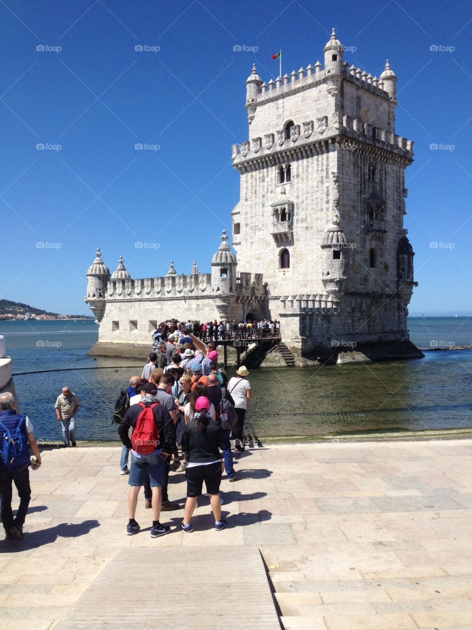 Belem tower. Tourists queuing at the tower of Belem