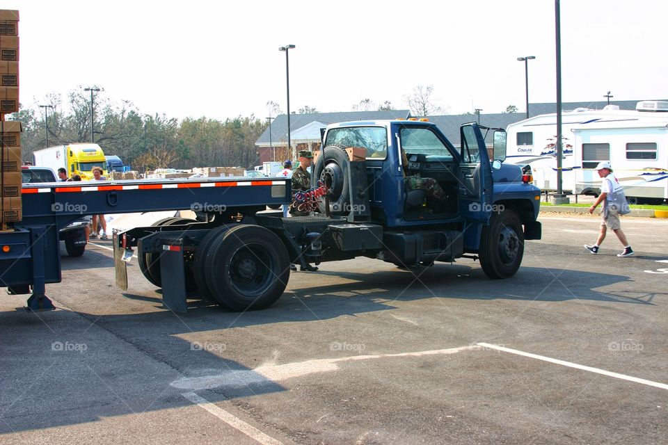 Air Force tractor trailer prepared to haul supplies to Hurricane Katrina victims 