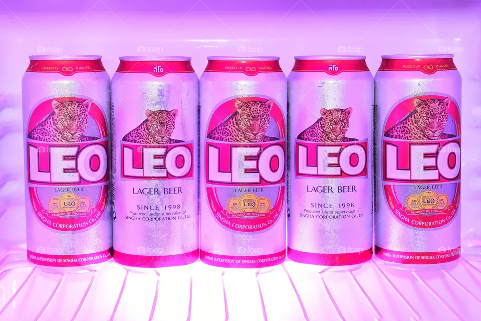 Leo Beer can, net weight 490 ml. alc 5% vol, Soak in the Refrigerator.Leo beer created by boon rawd brewery co.,ltd., Product of Thailand.​