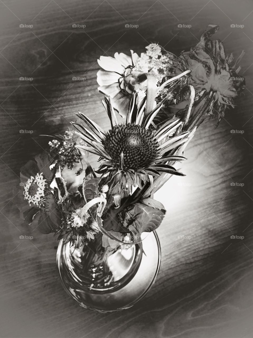 Wilted wildflowers, as a silver nitrate vignette