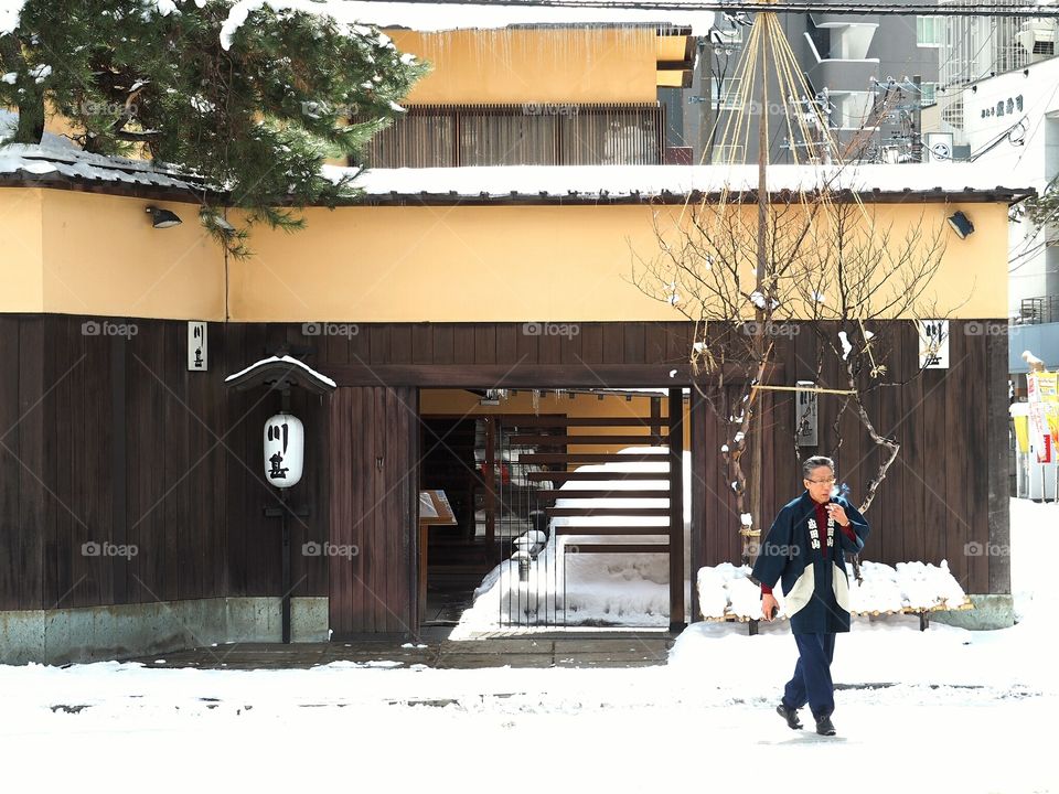 Japanese man in a snowy day
