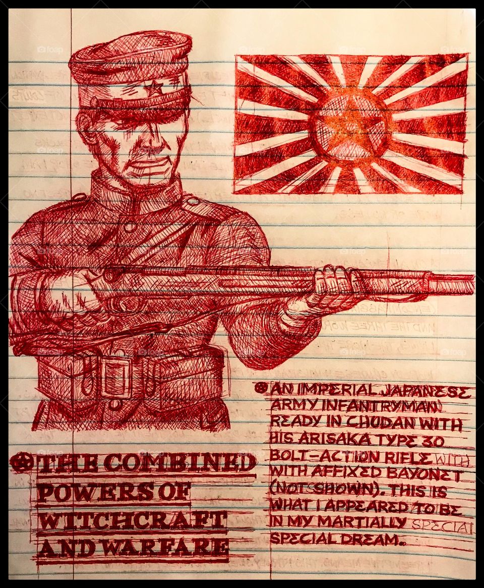 A detailed pen sketch of an Imperial Japanese Army infantryman and the war flag of the Japanese Empire in a journal entry.