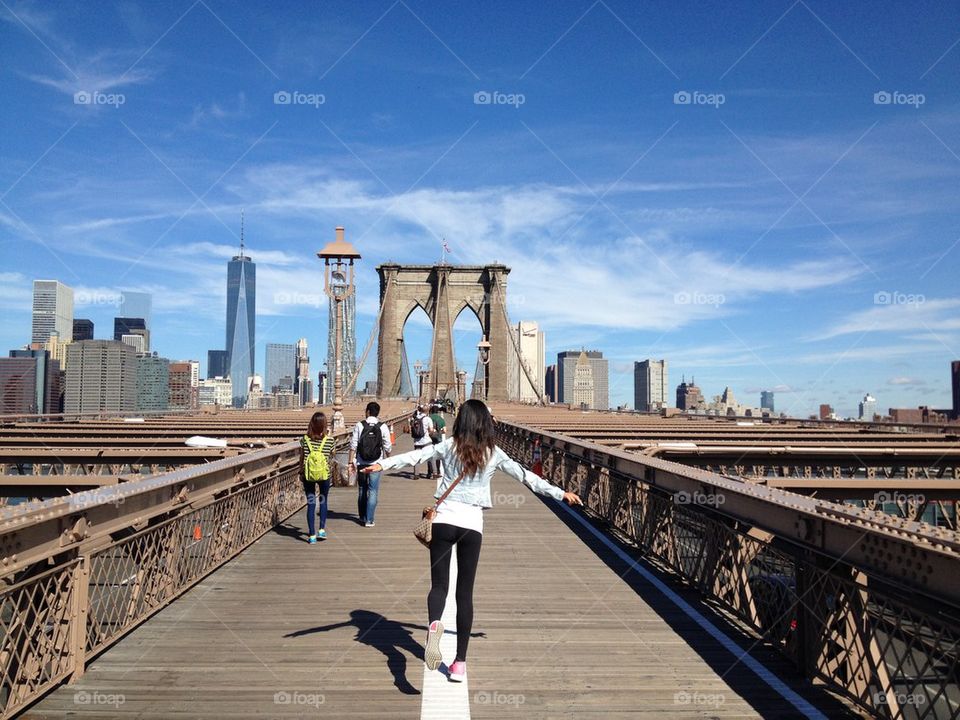 Happy Brooklyn bridge . Happy woman On the Brooklyn bridge 