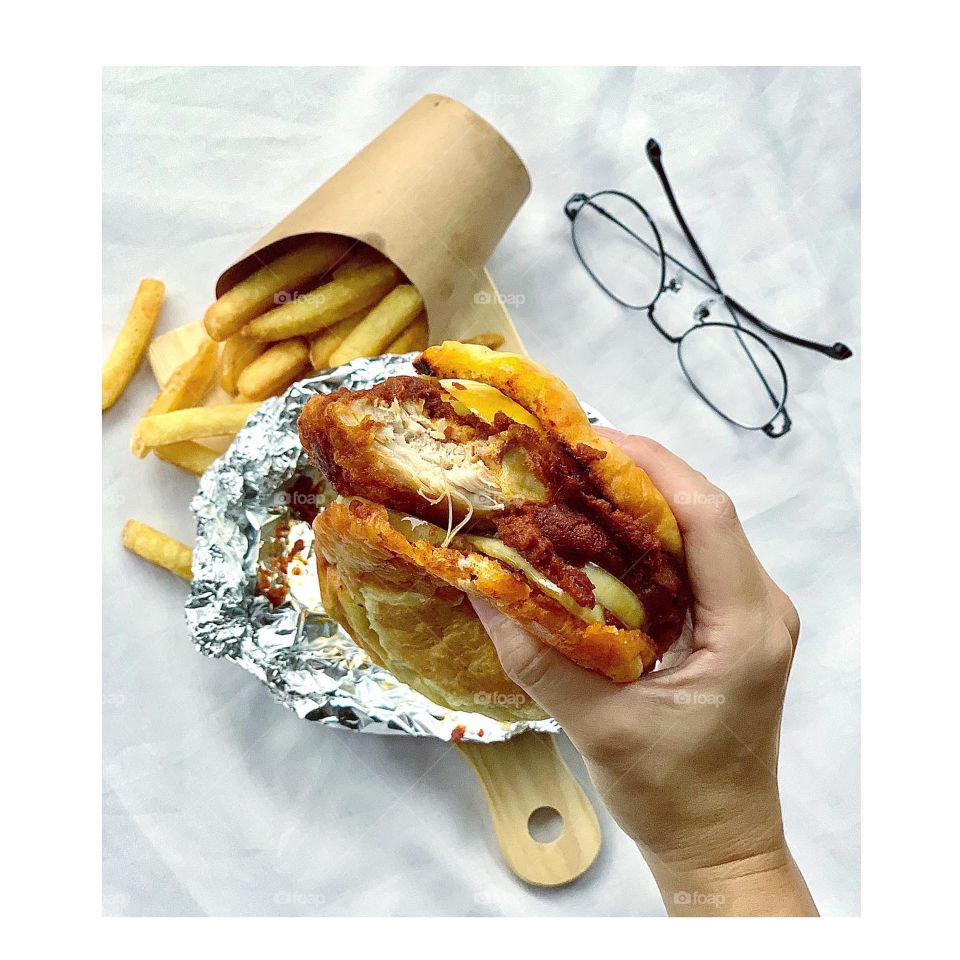 Peranankan styled chicken rendang burger with thick chunky fries 