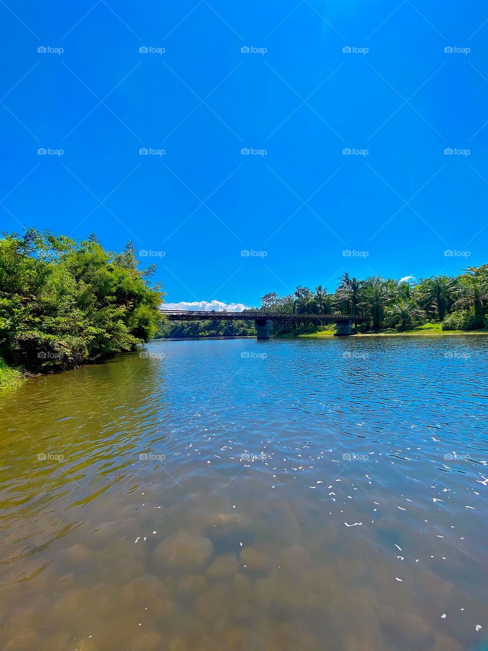 a river that separates between cities and is united by a bridge with views of blue sky, clear water and cool forest