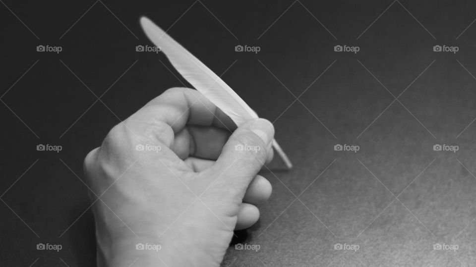 Black and white photo of left hand holding feather