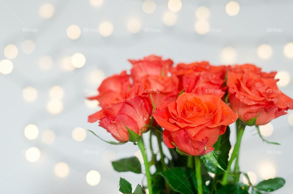 Top view of beautiful blooming flowers in a vase close up. Red roses at home