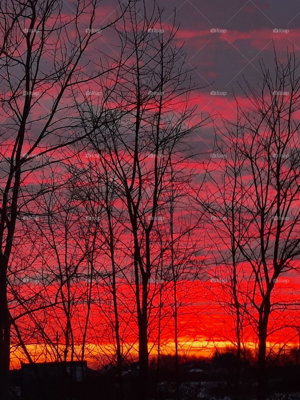 red sunrise in the countryside