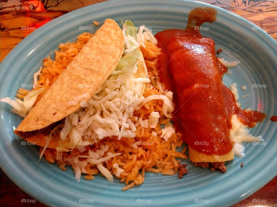 Enchilada, hard-shell taco & rice