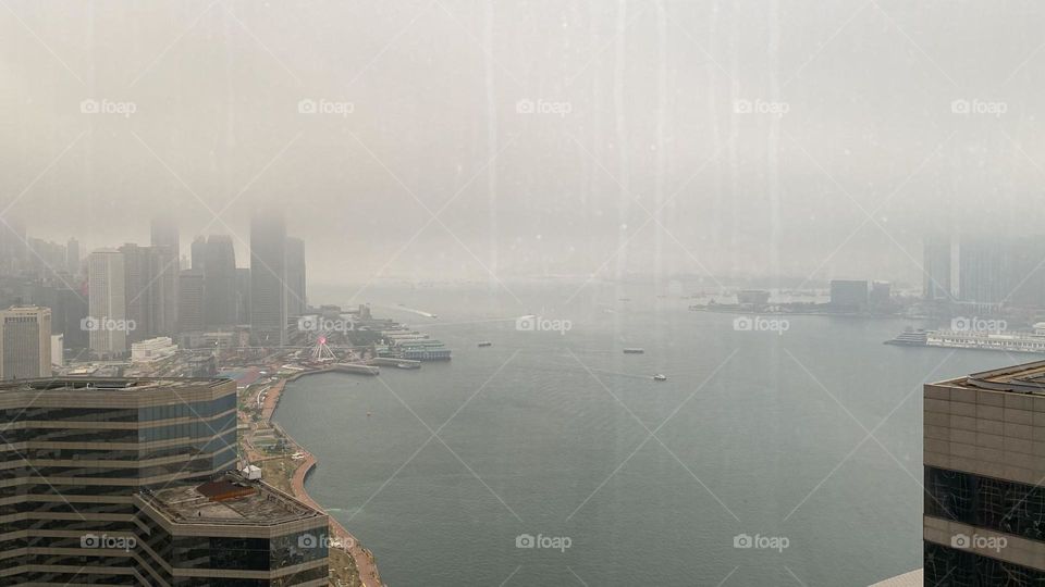 Foggy Victoria Harbour Hong Kong