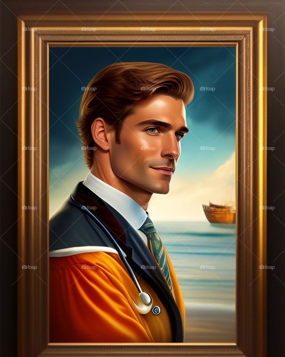 This stunning portrait features a man in a yellow jacket and blue tie, captured in a unique and captivating style. The use of AI-generated art adds an intriguing and modern twist to the classic portrait format, making this photo perfect for those loo