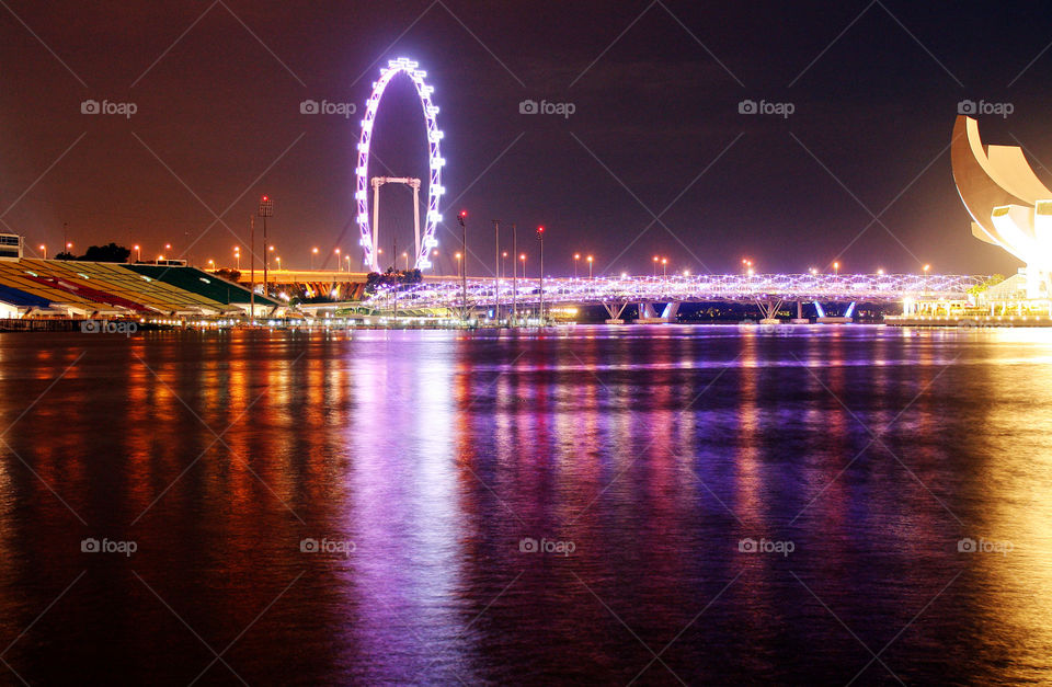 Singapore, flyer, landmark, city night lights, Marina Bay, lit bridge