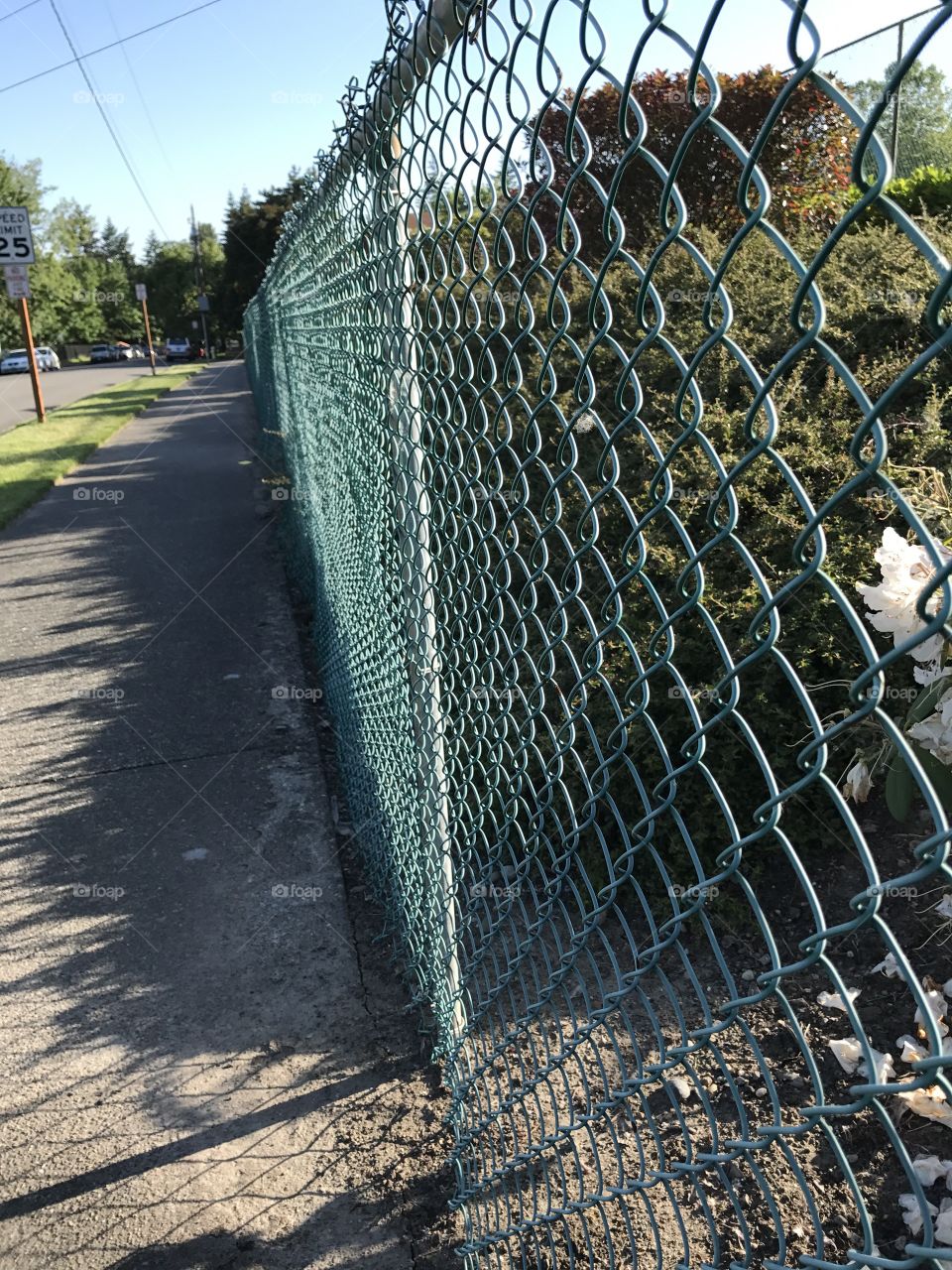 A green fence along the sidewalk  on the way home