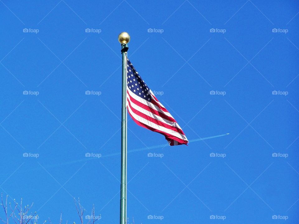 jet plane moves the US flag